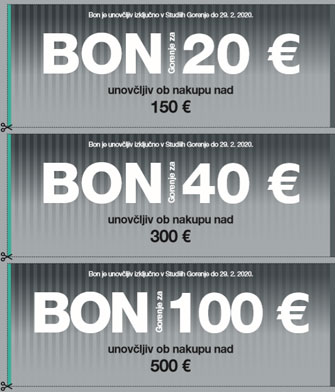 Boni za cenejši nakup gospodinjskih aparatov v Studiih Gorenja. Ob nakupu nad 150 € vnovčite bon za 20 €, nad 300 € za 40 € in nad 500 € bon za 100 €.